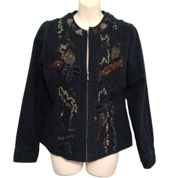 ✨Bogo FREE✨ Chicos Black Denim Jean Jacket Sz 0 - Picture 1 of 5